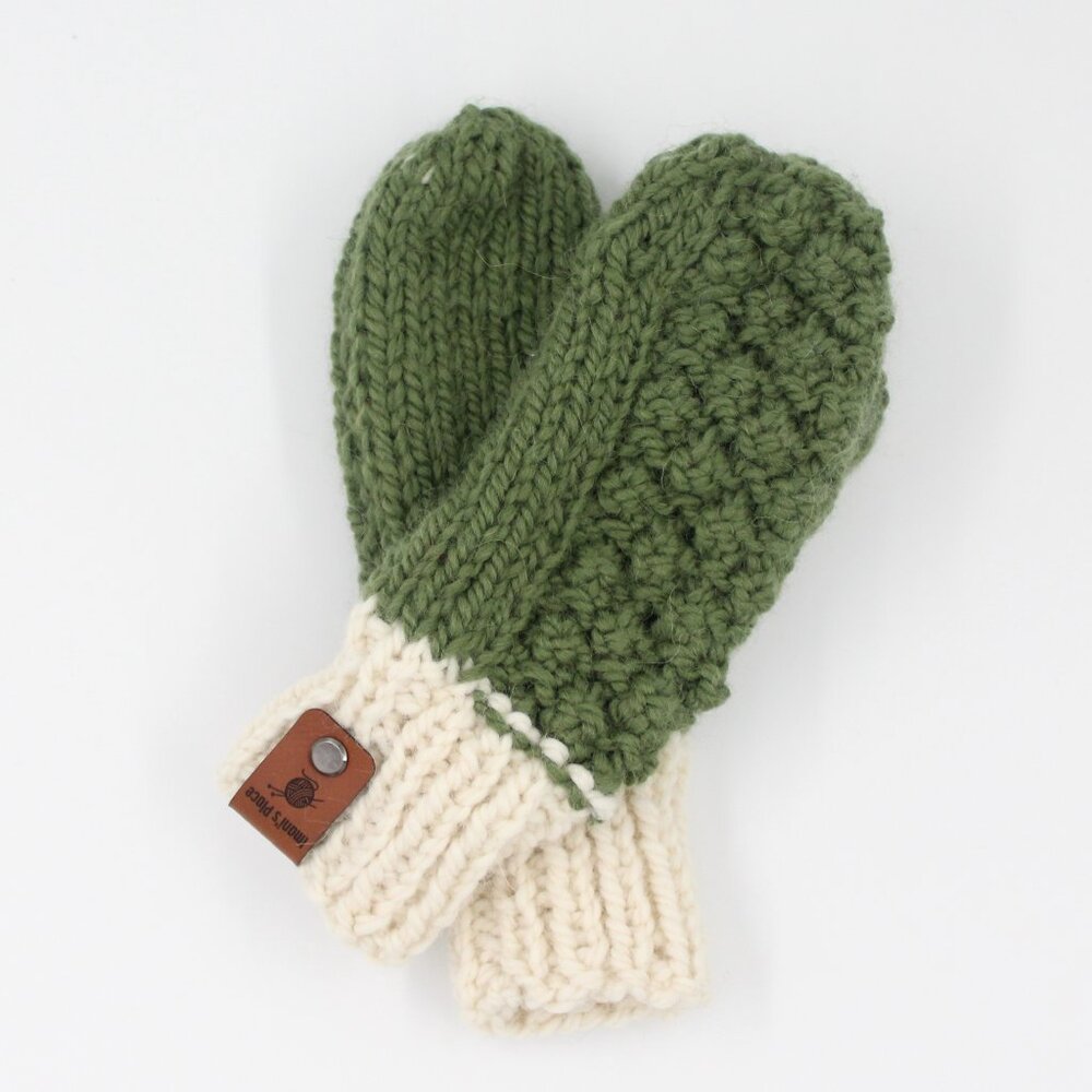 Handmade Hand Knit Chunky Knit Green and Off White Alpaca and Wool Mittens